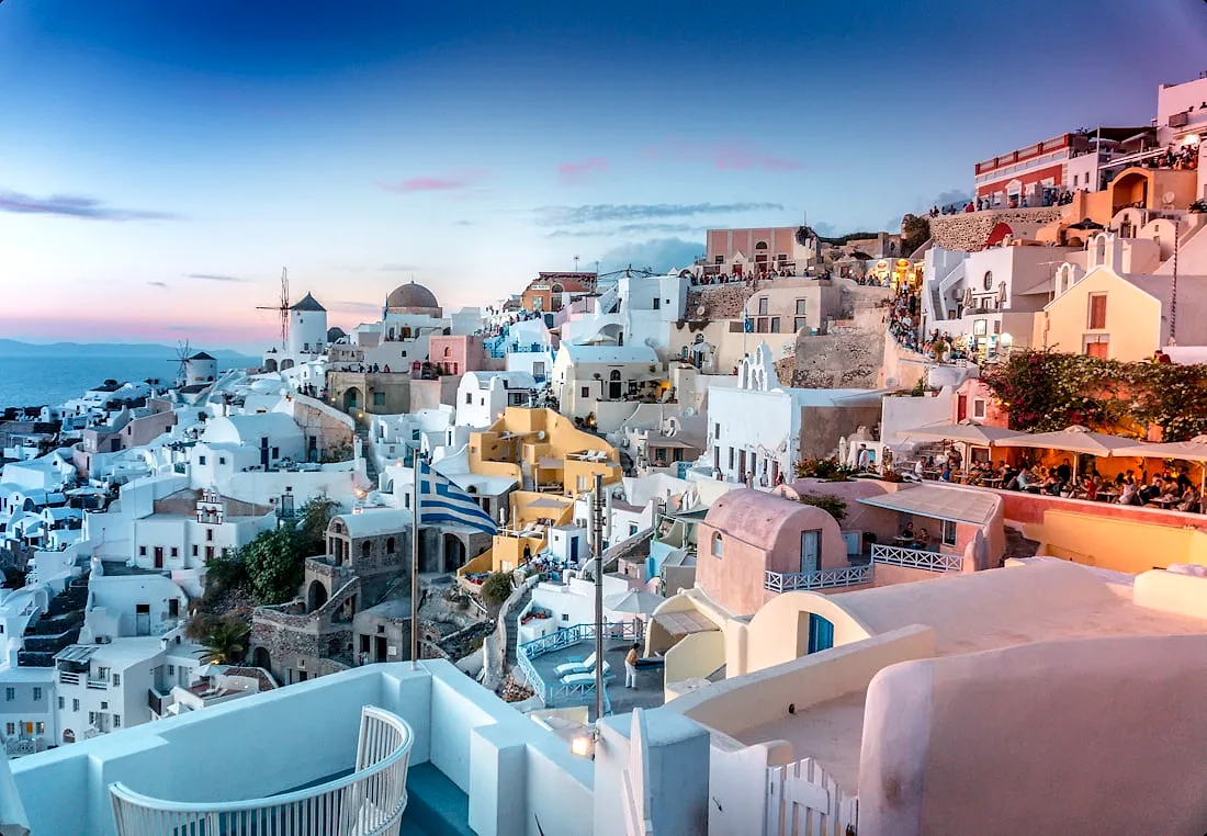 A white and blue island town